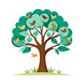Flat illustration of birds perched and flying around a tree, isolated on white background Royalty Free Stock Photo
