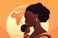 Flat illustration of a black woman holding her baby with love and care, Africa map on background. Generative AI