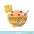 Flat illustration bowl of porridge with strawberry and spikelets near