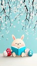 Flat illustration of bunny reading book surrounded by colorful Easter eggs, flowering tree, evoking cheerful spring vibe Royalty Free Stock Photo