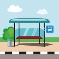 Flat illustration bus stop on blue sky background in cartoon style. Vector, EPS10. Royalty Free Stock Photo