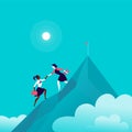 Flat illustration with business ladies climbing together on mountain peak top on blue clouded sky background.