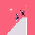 Flat illustration with business ladies climbing on top of white stairs together on red background. Royalty Free Stock Photo