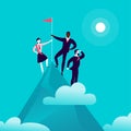 Flat illustration with business people standing on mountain peak top holding flag on blue clouded sky background.