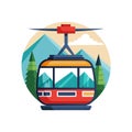 Flat illustration of cable car against mountain landscape inside circle graphic element Royalty Free Stock Photo