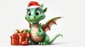 Flat illustration of cartoon green dragon in red santa hat with New Year gifts isolated on white background with copy space, Royalty Free Stock Photo