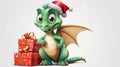Flat illustration of cartoon green dragon in red santa hat with New Year gifts isolated on white snowy background with copy space Royalty Free Stock Photo