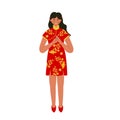 Flat illustration character of beautiful chinese lady wearing chinese dress celebrate lunar