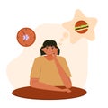 Flat Illustration Character of girl feeling hungry and thinking about food. Teenager girl thought about burger when ramadan.