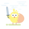 Flat illustration of chicken knight with sword and shield made from egg shell.
