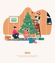 Flat Illustration Christmas Family arranging Christmas tree