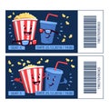 Flat illustration cinema tickets with cartoon movie popcorn and soda Royalty Free Stock Photo