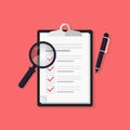 Flat illustration of clipboard with checklist icon. Checklist, complete tasks, to-do list, survey, exam concepts