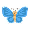 Flat illustration of a colorful cheerful butterfly with blue wings.