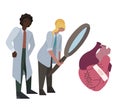 Flat illustration of a couple of international doctors studying the ill heart through magnifying glass. Scientists are studying