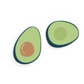 Flat illustration of cut avocado. Ripe delicious fruit. Tasty Hass avocado isolated on white background