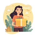 flat illustration, cute girl courier with a box in her hands. delivery symbol, courier service, home delivery