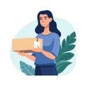 flat illustration, cute girl courier with a box in her hands. delivery symbol, courier service, home delivery