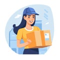 flat illustration, cute girl courier with a box in her hands. delivery symbol, courier service, home delivery