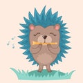 Flat illustration cute hedgehog in cartoon style with flute on green grass. Decor in the nursery. Royalty Free Stock Photo