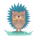 Flat illustration cute hedgehog in cartoon style with flute on green grass on white isolated background. Decor in the Royalty Free Stock Photo