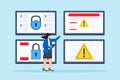 Flat illustration of cybersecurity analyst monitoring multiple screens with encrypted data and threat alerts
