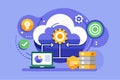 A flat illustration depicting cloud service synchronization with gears, data graphs, and security symbols, Cloud service with sync Royalty Free Stock Photo