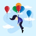 Flat illustration design of a man flying with colorful balloons. baloon. vector illustration