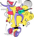 Flat illustration design for presentation, web, landing page, infographics: cartoon characters man and woman dancing and singing.