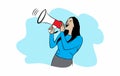 Flat illustration design of woman with megaphone. communication, delivery of important messages and promotions. vector