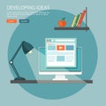 Flat illustration of development ideas. Desktop with computer an Royalty Free Stock Photo