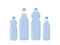 Flat illustration of different plastic bottles for liquids. Transparent bottles, packaging. Recycling, reuse, biodegradable