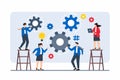 Flat illustration of employees piecing together complex business strategy with gear icons Royalty Free Stock Photo