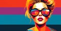 Flat illustration of fashion red hair woman wearing sunglasses, closeup portrait, Vibrant Pop Art Fusion