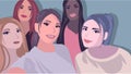 Flat illustration with five girls taking a selfie. Mixed races and cultural diversity, friendship concept