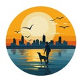 Flat illustration of a girl with a dog on the background of the city and sunset. Royalty Free Stock Photo