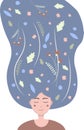 Flat illustration of a girl with flowers and leaves in her long dark hair. Cute image of a young girl with closed eyes