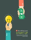 Flat illustration of great idea deal. Hands holding bulb and mo