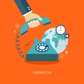 Flat illustration of hand holding phone with icons. Contact us.