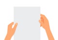 Flat illustration of hands holding a sheet of paper with place for text on a white background. Mockup notice. Read letter. Vector