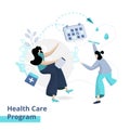 Flat illustration of the Health Care Program, the concept of a female doctor currently delivering health programs to patients, fit