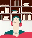 illustration young person in headphones listens to an e-book or nonfiction podcast in book library with phone app