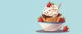 Flat illustration of ice cream with strawberries in a cup on a blue background Royalty Free Stock Photo