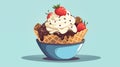 Flat illustration of ice cream with strawberries in a cup on a blue background Royalty Free Stock Photo