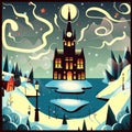 Flat illustration of a magical winter landscape with a lake, forest and a castle.