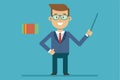Flat illustration of a male teacher holding a pointer in a classroom setting, smiling and engaging with students during a lesson Royalty Free Stock Photo