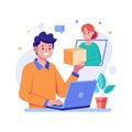 E-commerce Delivery and Online Customer Support Illustration: Man on Laptop Receives Package from Support Agent Royalty Free Stock Photo