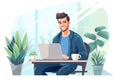 Flat illustration of a man working from home. Businessman sitting at desk and using laptop. Concept of time or project management Royalty Free Stock Photo