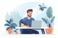 Flat illustration of a man working from home. Businessman sitting at desk and using laptop. Concept of time or project management Royalty Free Stock Photo