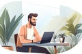 Flat illustration of a man working from home. Businessman sitting at desk and using laptop. Concept of time or project management Royalty Free Stock Photo